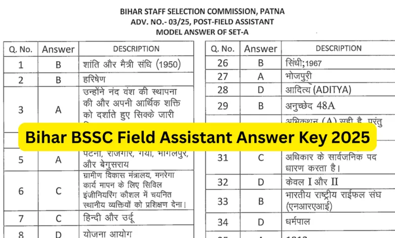 Bihar BSSC Field Assistant (Agriculture Department) Exam Answer Key 2025 Released, Check Now