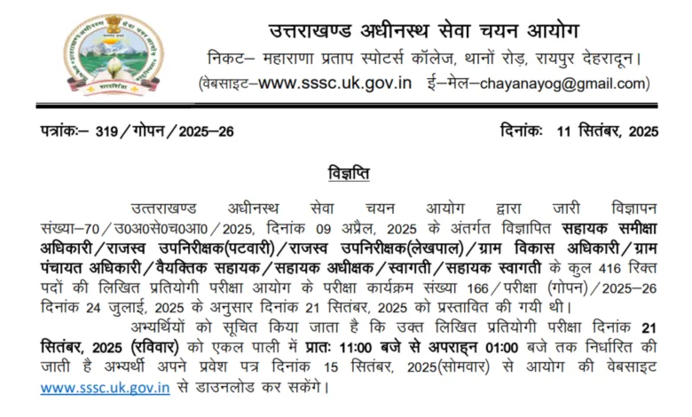 UKSSSC Group C Exam Date and Admit Card 2025 Released for 416 Various Posts, Check Now