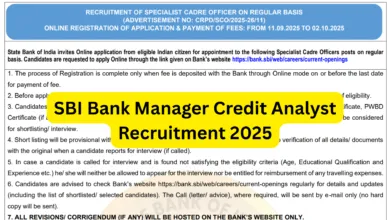 SBI Bank Manager (Credit Analyst) Recruitment 2025 Notification Released and Apply Online