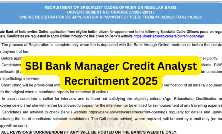 SBI Bank Manager (Credit Analyst) Recruitment 2025 Notification Released and Apply Online