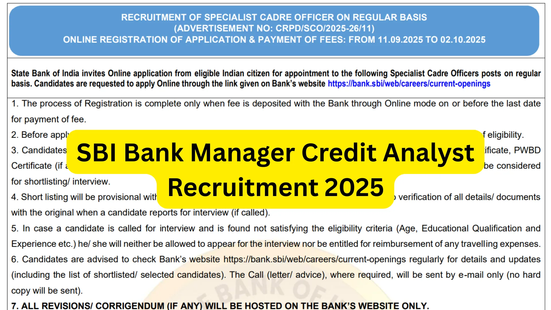 SBI Bank Manager (Credit Analyst) Recruitment 2025 Notification Released and Apply Online