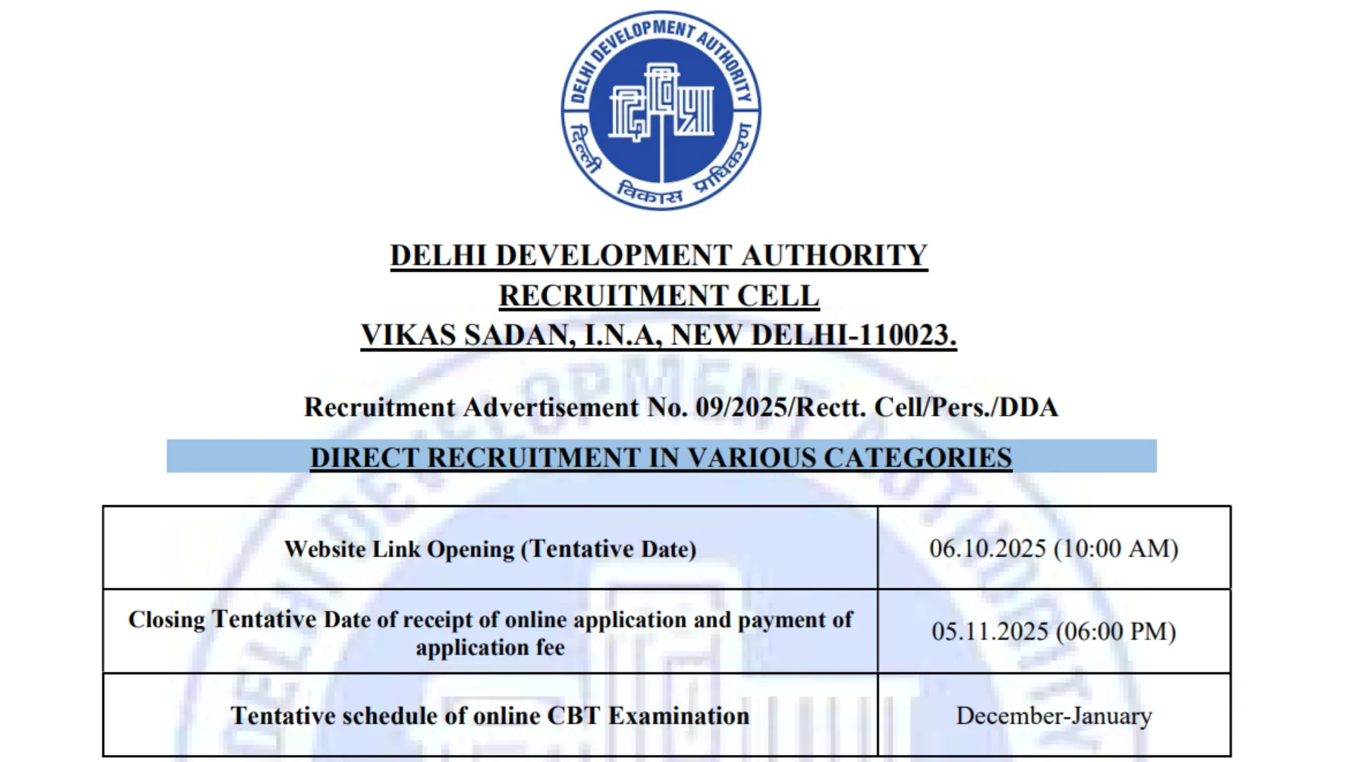 Delhi DDA Recruitment 2025 Notification Released for 1732 Various Posts, Apply Online