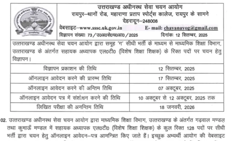 UKSSSC Assistant Teacher Recruitment 2025 Notification Released and Apply Online for 128 Posts