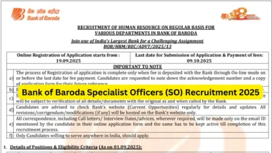 Bank of Baroda Specialist Officers (SO) Recruitment 2025 Notification Released and Apply Online