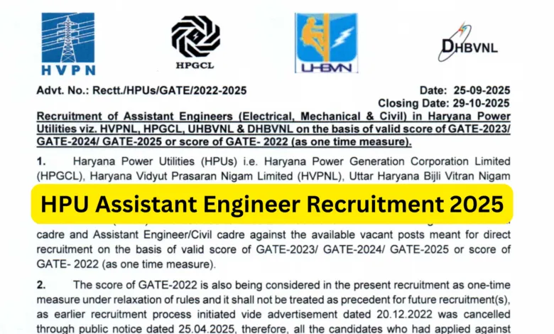 Haryana Power Utilities (HPU) Assistant Engineer (AE) Recruitment 2025 Notification Released for 284 Posts, Apply Online