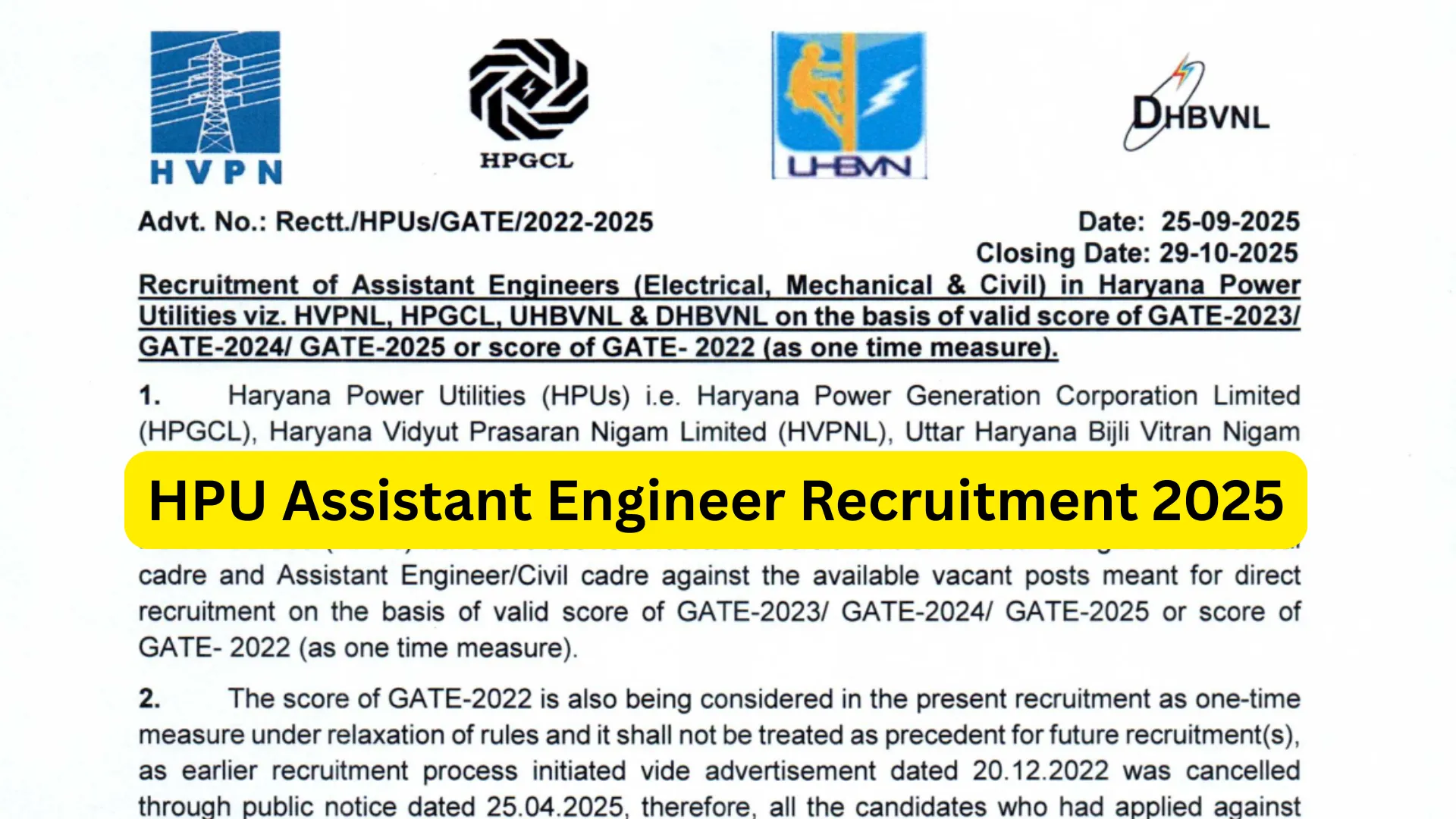 Haryana Power Utilities (HPU) Assistant Engineer (AE) Recruitment 2025 Notification Released for 284 Posts, Apply Online