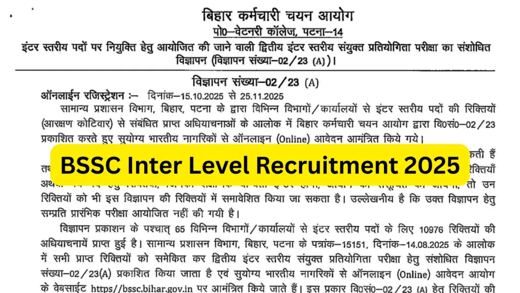 Bihar BSSC Inter Level Recruitment 2025 Notification Released for 23175 Posts, Apply Online