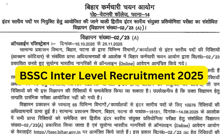 Bihar BSSC Inter Level Recruitment 2025 Notification Released for 23175 Posts, Apply Online