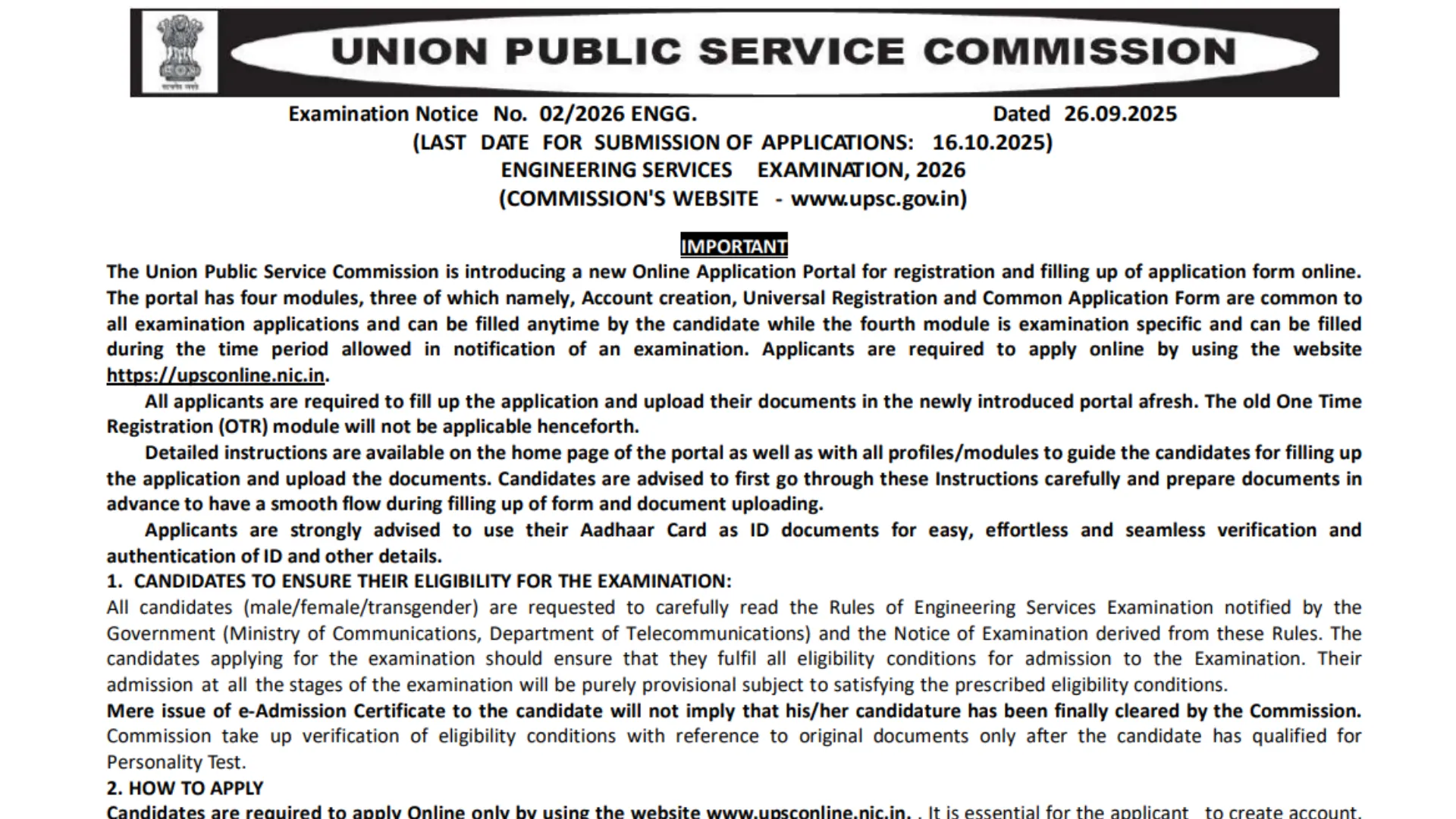 UPSC Engineering Services Examination (ESE) 2026 Notification Released for 474 Posts, Apply Online