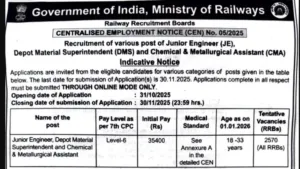 Railway RRB Junior Engineer (JE) Recruitment 2025 Notification Released for 2585 Posts, Apply Online