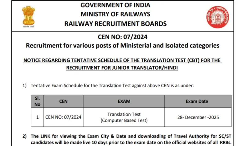 RRB Ministerial and Isolated Exam Date and Admit Card 2025 Released for 1036 Posts, Check Now