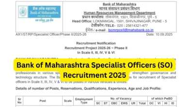 Bank of Maharashtra Specialist Officers (SO) Recruitment 2025 Notification Released and Apply Online for 350 Posts