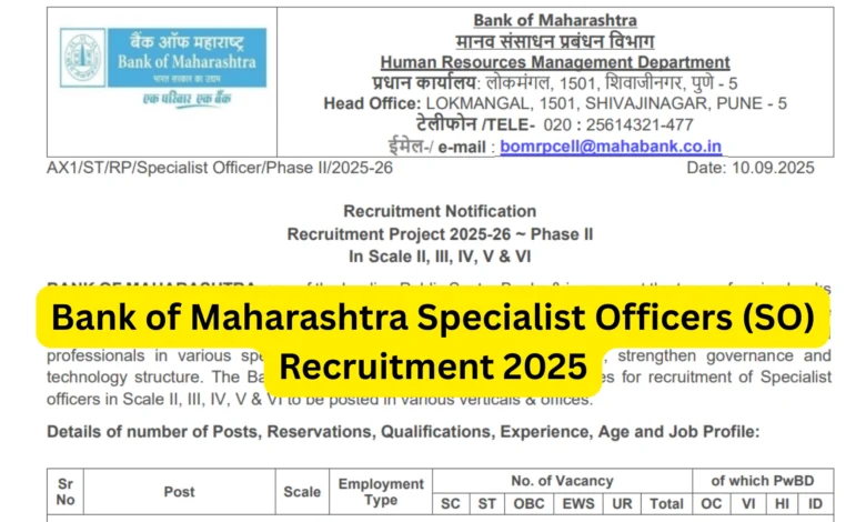 Bank of Maharashtra Specialist Officers (SO) Recruitment 2025 Notification Released and Apply Online for 350 Posts