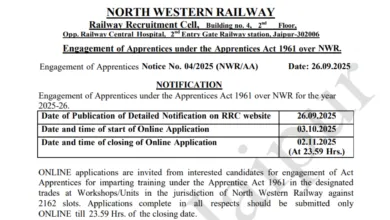 Railway RRC NWR Apprentice Recruitment 2025 Notification Released for 2162 Posts, Apply Online