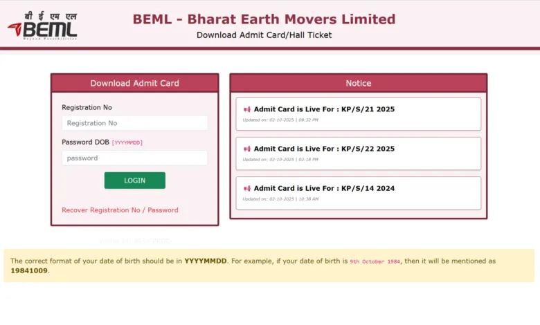 BEML Various Posts Exam Admit Card 2025 Released, Download Now