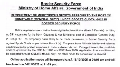 BSF Constable (Sports Quota) Recruitment 2025 Notification Released for 391 Posts, Apply Online