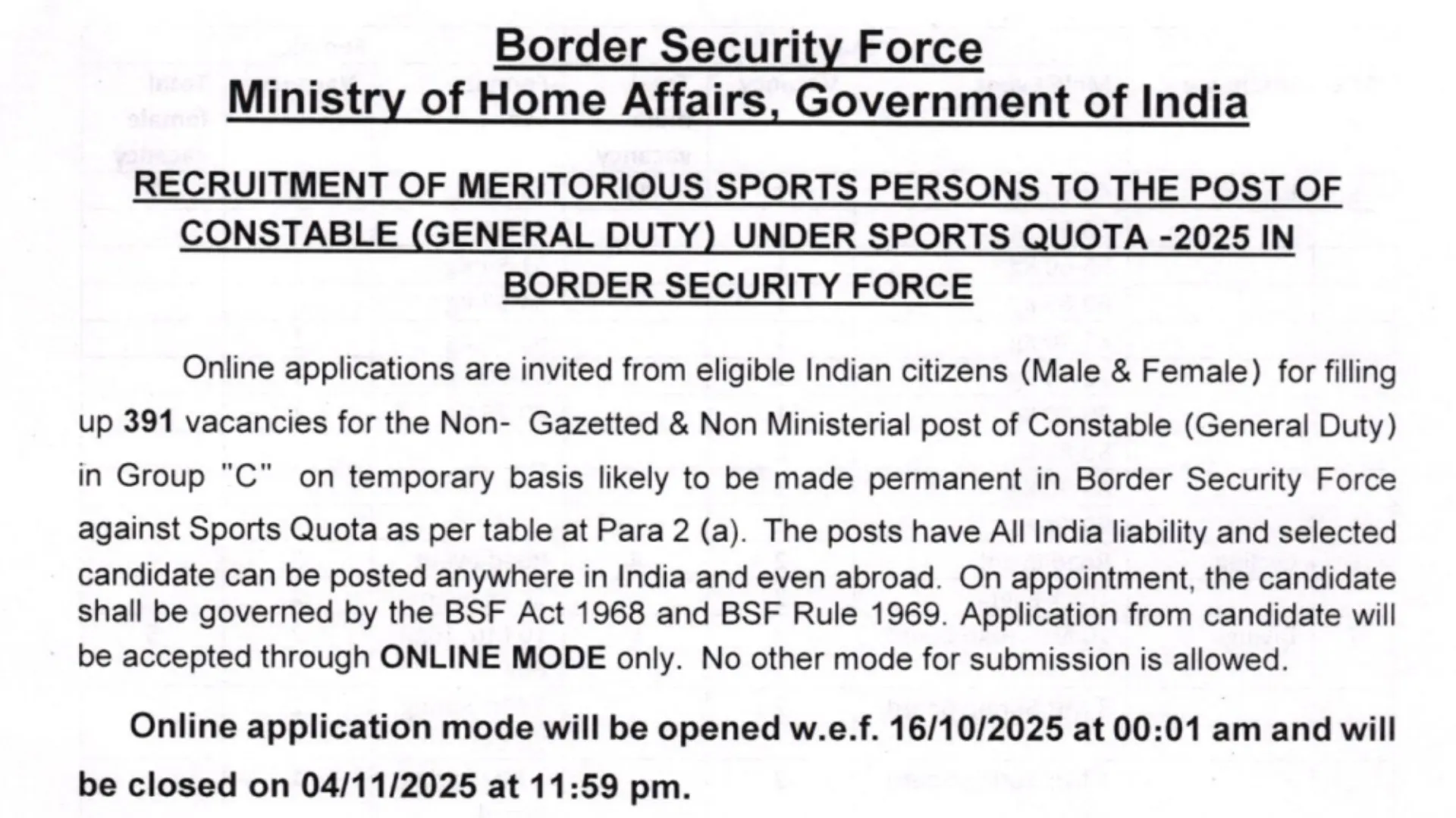 BSF Constable (Sports Quota) Recruitment 2025 Notification Released for 391 Posts, Apply Online