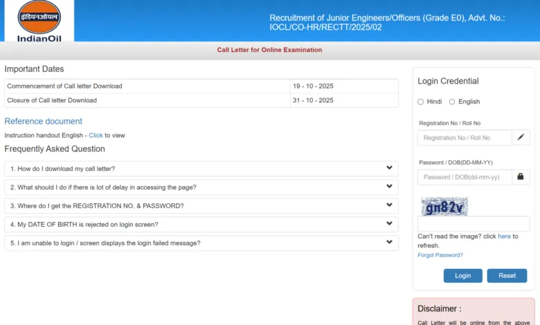 IOCL Junior Engineer Admit Card 2025 Released, Download Now