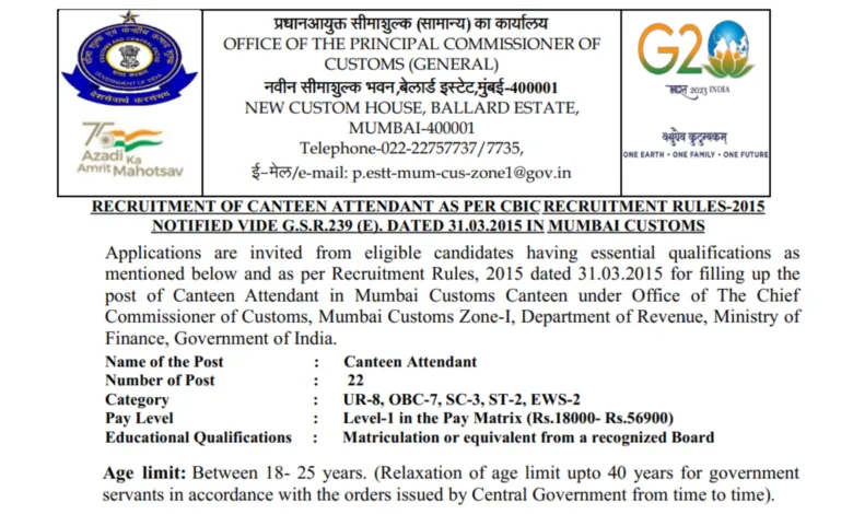 Mumbai Customs Canteen Attendant Recruitment 2025 Notification and Offline Form
