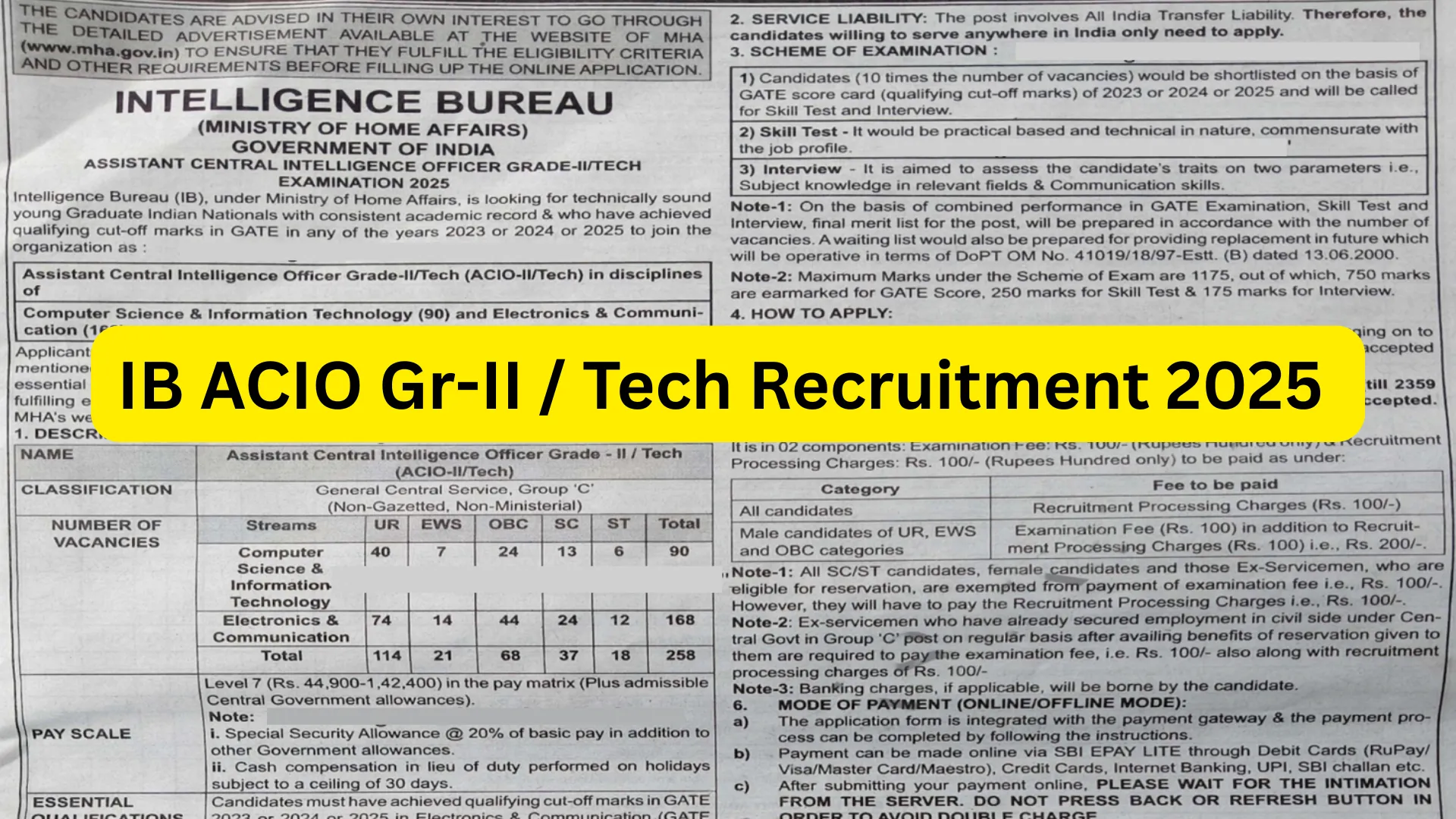 Intelligence Bureau (IB) ACIO Gr-II / Technical Recruitment 2025 Notification Released for 258 Posts, Apply Online