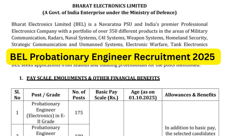BEL Probationary Engineer Recruitment 2025 Notification Released and Apply Online for 340 Posts