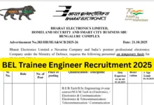 BEL Trainee Engineer Recruitment 2025 Notification and Online Form