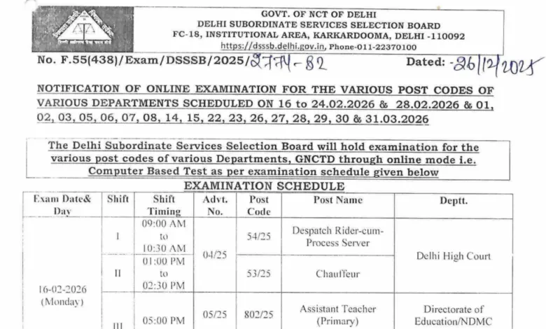 Delhi DSSSB Various Post Exam Admit Card, Exam Schedule 2026