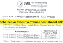 BSNL Senior Executive Trainee Recruitment 2025 Notification Released and Apply Online for 120 Posts