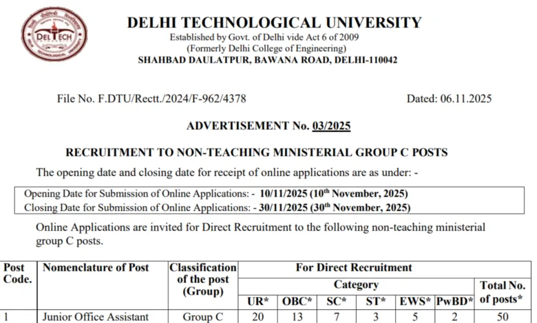 Delhi DTU Non Teaching Recruitment 2025 Notification Released, Apply Online