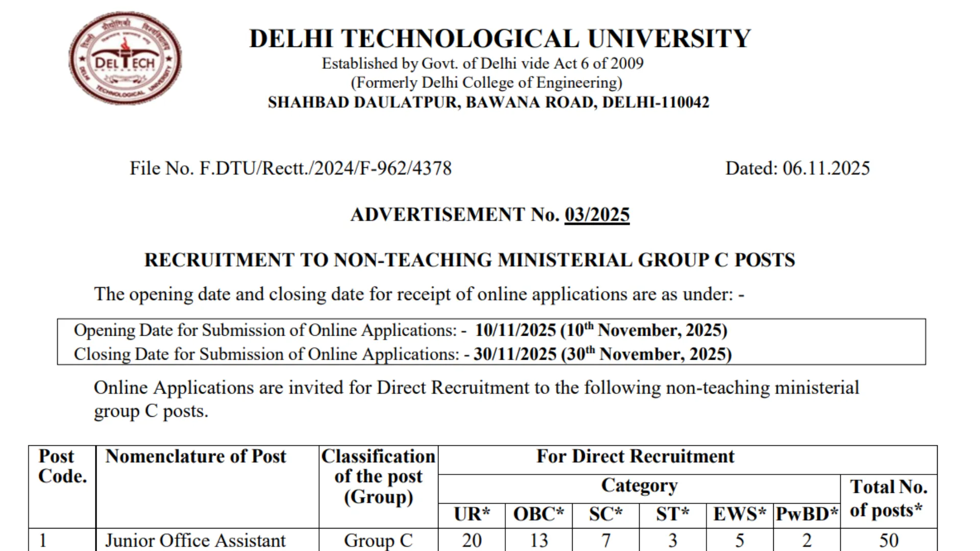 Delhi DTU Non Teaching Recruitment 2025 Notification Released, Apply Online