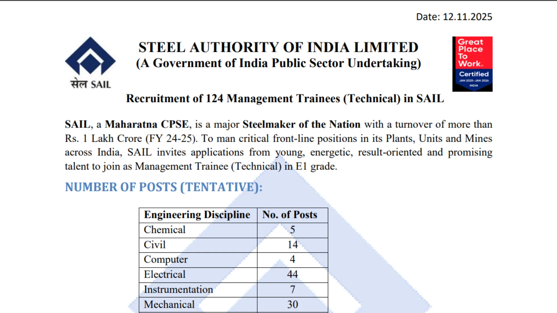 SAIL Management Trainee Recruitment 2025 Notification Released for 124 Posts, Apply Online