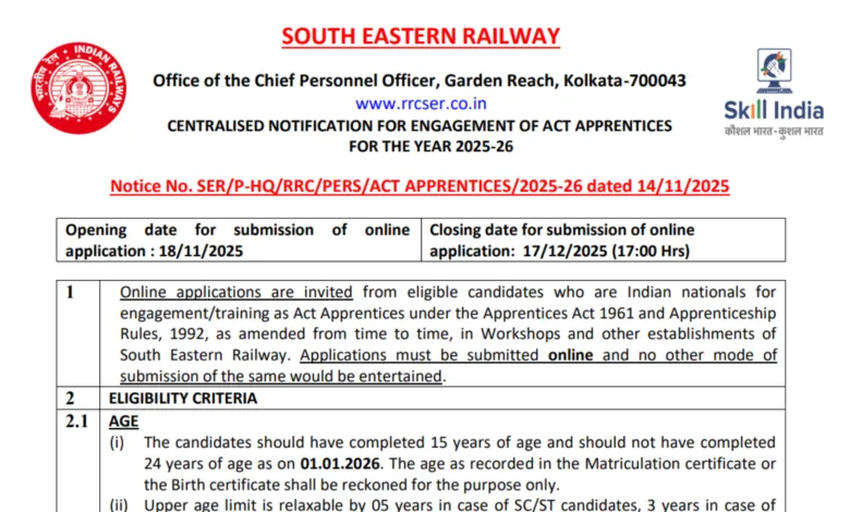 Railway RRC SER Apprentice Recruitment 2025 Notification Released for 1785 Posts, Apply Online