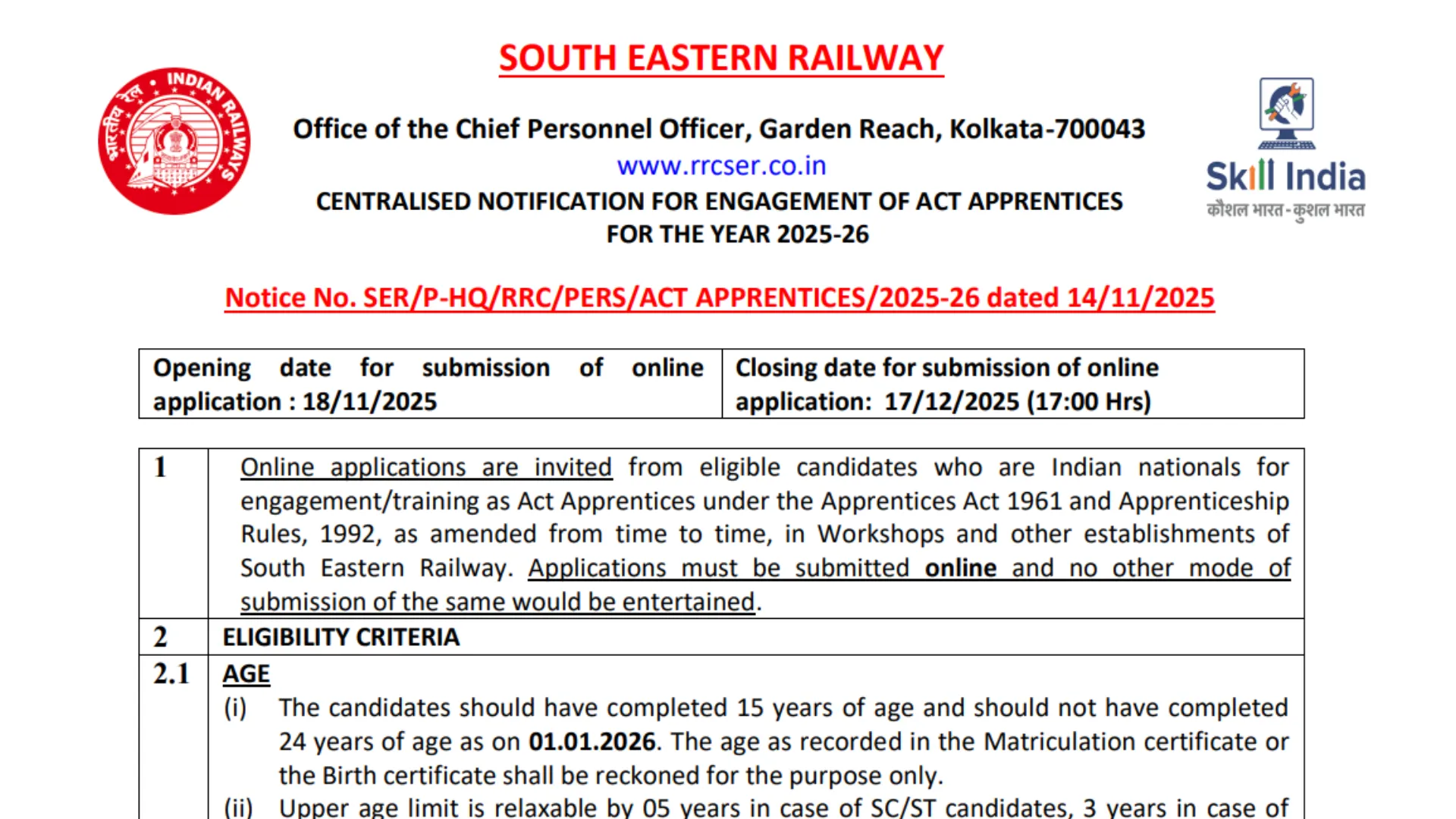 Railway RRC SER Apprentice Recruitment 2025 Notification Released for 1785 Posts, Apply Online