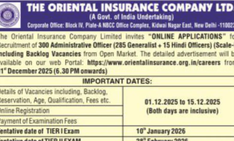 OICL Administrative Officer (AO) Recruitment 2025 Notification Released for 300 Posts, Apply Online