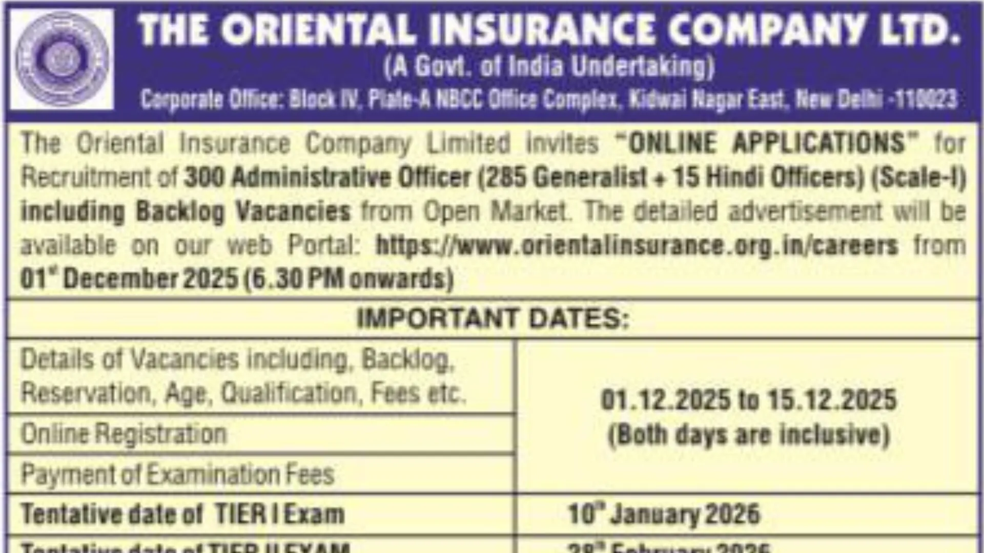 OICL Administrative Officer (AO) Recruitment 2025 Notification Released for 300 Posts, Apply Online