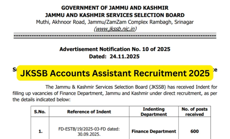 JKSSB Accounts Assistant Recruitment 2025 Notification Released for 600 Posts, Apply Online