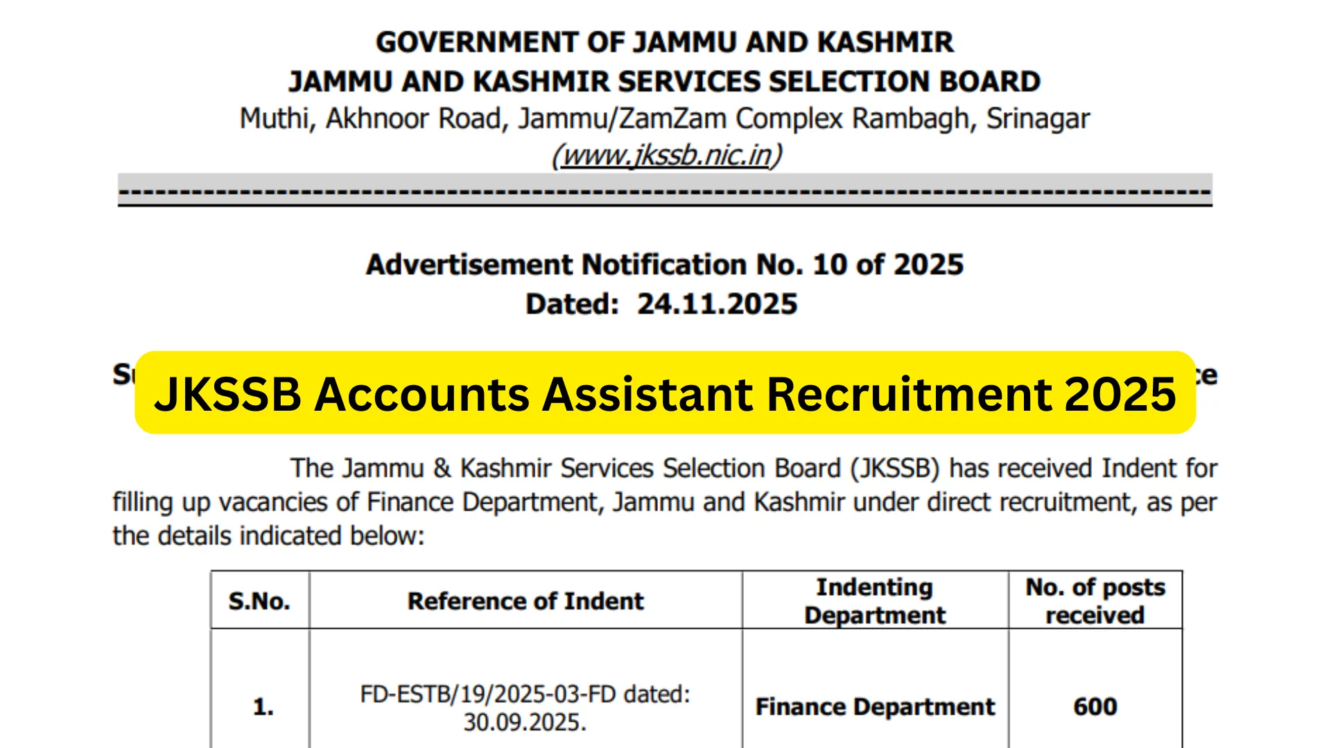 JKSSB Accounts Assistant Recruitment 2025 Notification Released for 600 Posts, Apply Online