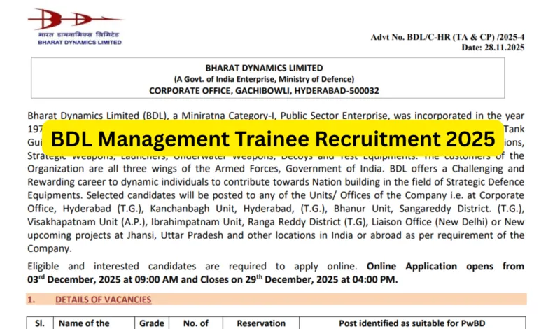 BDL Management Trainee Recruitment 2025 Notification Released for 80 Posts, Apply Online