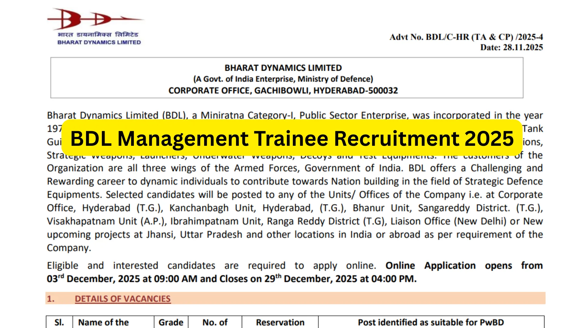 BDL Management Trainee Recruitment 2025 Notification Released for 80 Posts, Apply Online