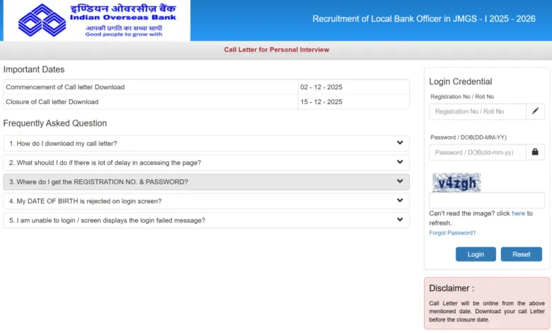 Indian Overseas Bank Local Bank Officer (LBO) Recruitment 2025 Download Exam Date and Admit Card for 400 Posts