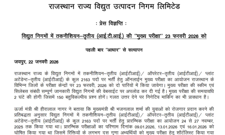 Rajasthan RVUNL Technician, Operator and Plant Attendant (2163 Posts) Exam Date & Admit Card 2025 Released, Check Now