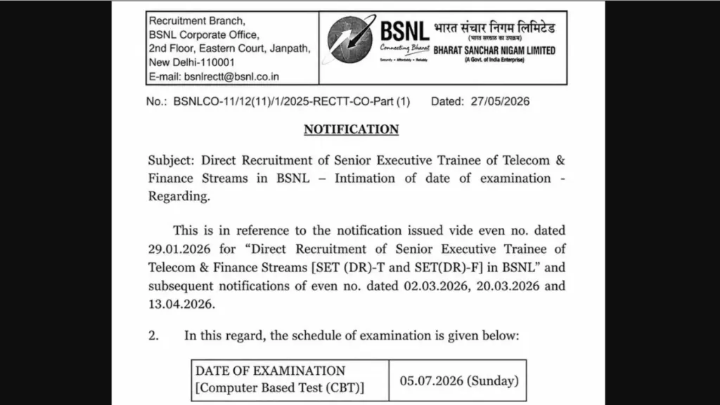 BSNL Senior Executive Trainee (120 Posts) Exam Date & Admit Card 2026 Released, Check Now
