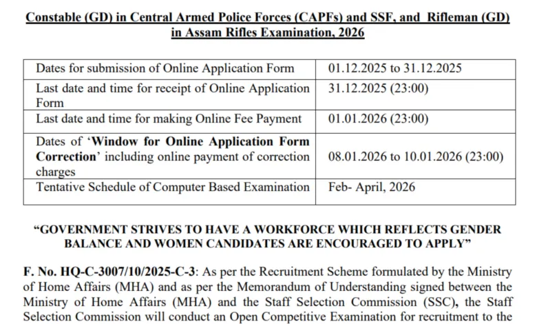 SSC GD Constable Recruitment 2026 Notification Released for 25487 Posts, Apply Online