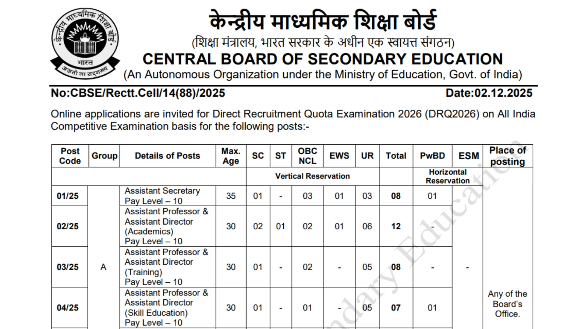 CBSE Recruitment 2025 Notification Released and Apply Online for Group A, B & C Posts