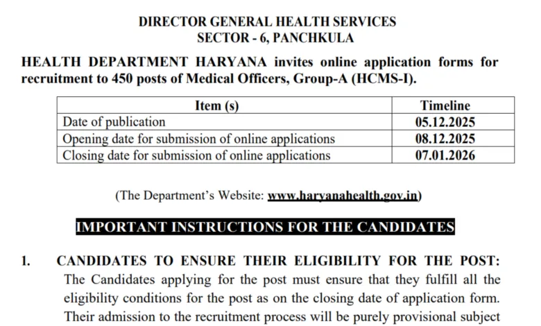 Haryana Medical Officer (MO) Recruitment 2025 Notification Released for 450 Posts, Apply Online
