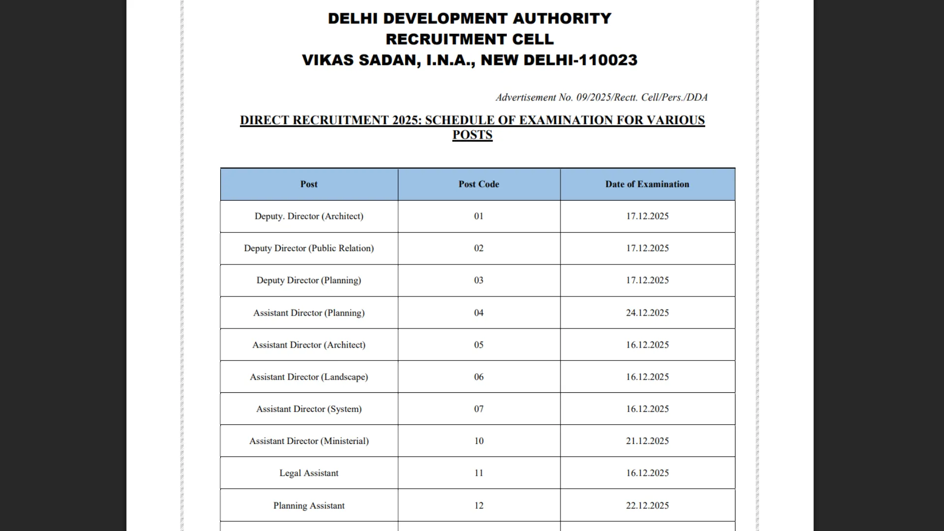 Delhi DDA (1732 Various Posts) Exam Date & Admit Card 2025 Released, Check Now
