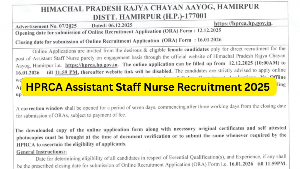 HPRCA Assistant Staff Nurse Recruitment 2025 Notification Released for 312 Posts, Apply Online