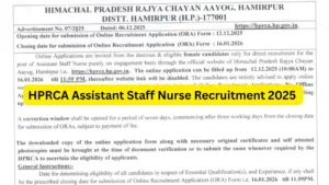 HPRCA Assistant Staff Nurse Recruitment 2025 Notification Released for 312 Posts, Apply Online