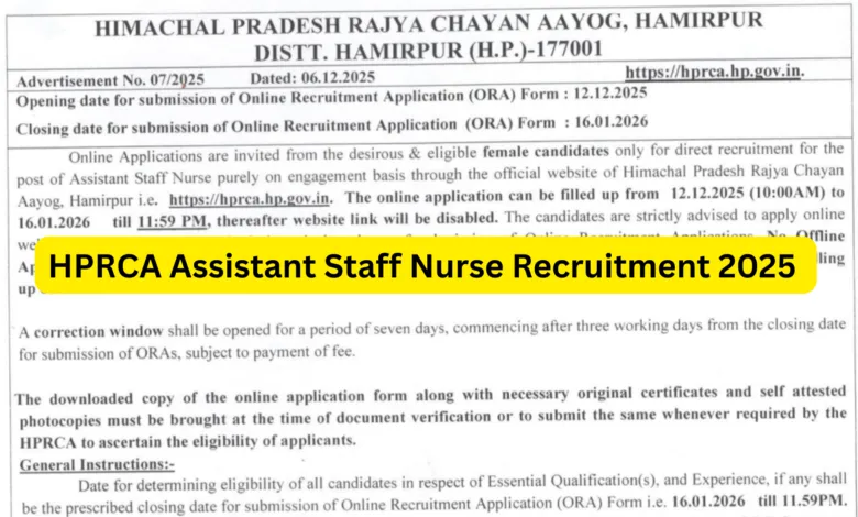 HPRCA Assistant Staff Nurse Recruitment 2025 Notification Released for 312 Posts, Apply Online