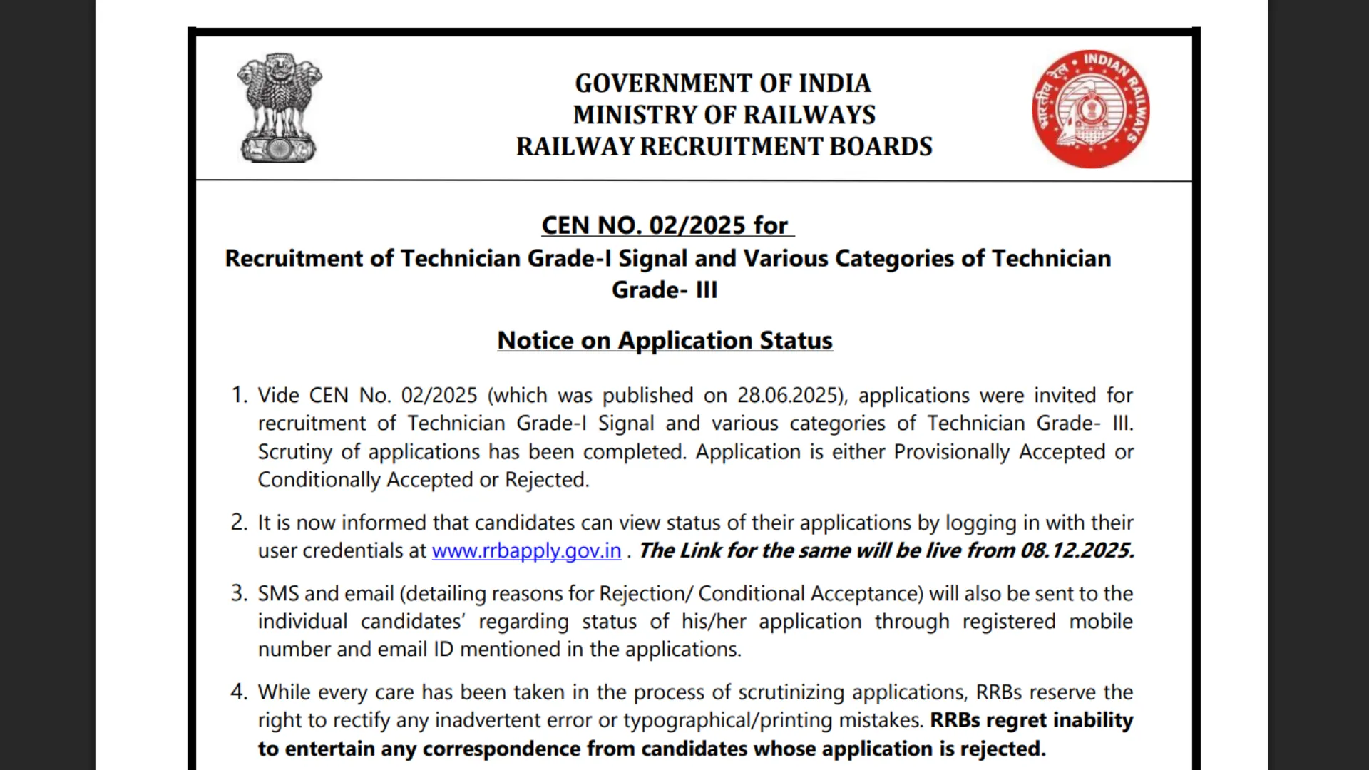 Railway RRB Technician (6238 Posts) Exam Date & Admit Card 2025 Released, Check Now